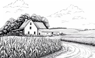 A black and white vector line drawing for coloring, of an American farm with corn fields in the background