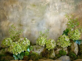 Canvas Print - Green Hydrangea Flowers  With Rocks And Moss On A Vintage Background