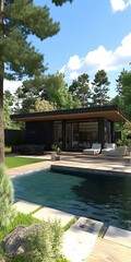 Wall Mural - Modern House with Swimming Pool and Surrounding Greenery