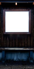 Wall Mural - Blank White Sign in Wooden Frame on a Dark Brown Wooden Wall