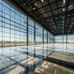 Canvas Print - Empty Hangar with Large Windows and View of Airport