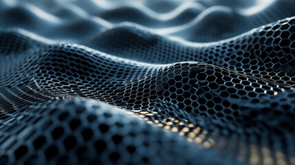 Abstract metallic mesh forming a wave shape. 3D metal mesh made up of hexagons. Graphene molecular lattice. Neural network. 3D render.