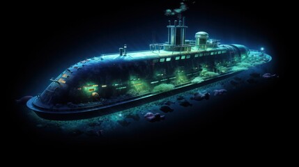 A bioluminescent submarine illuminating its path through the inky depths of the ocean, leaving a trail of shimmering light