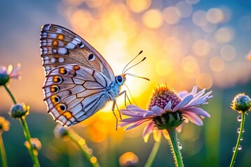 Wall Mural - Butterfly resting on flower with dew at sunrise