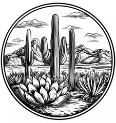 black and white vector illustration of a desert scene with cacti and a sunset, in a woodcut style