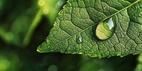 Wall Mural - close-up macro shot of a single dewdrop on a fresh green leaf