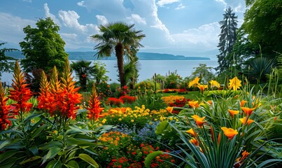 lanscape design. beautiful garden of blue spruce, bright yellow chrysanthemum and other vegetation, paths with pebbles for a walk