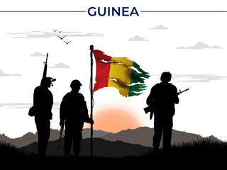 Guinea Flag Waving After War Victory. Silhouette Soldier Holding Flag of Guinea in Front of Sunset. Background, Illustration