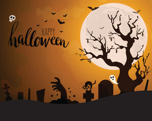 Print. Happy Halloween image vector illustration.Halloween background with spooky tree on the cemetery at night with a full moon in the sky. Website banner, card, poster, party or event invitation