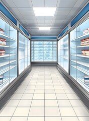 Canvas Print - Empty Supermarket Aisle with Refrigerators and Shelving