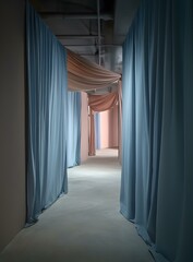 Wall Mural - Abstract Art Installation with Blue and Pink Curtains in a Long Hallway