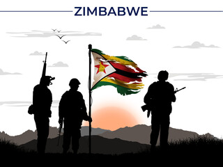 Zimbabwe National Flag Waving After War Victory. Silhouette Soldier Holding Flag of Zimbabwe in Front of Sunset. Background, Illustration