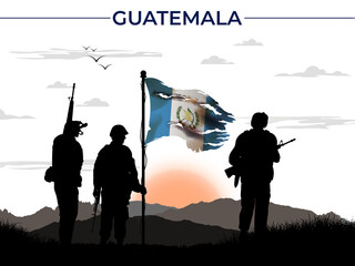 Guatemala National Flag Waving After War Victory. Silhouette Soldier Holding Flag of Guatemala in Front of Sunset. Background, Illustration