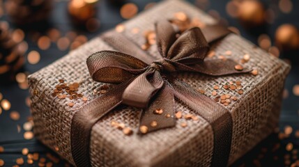 Wall Mural - A beautifully wrapped gift box with a brown bow surrounded by festive decorations, perfect for holiday celebrations and special occasions