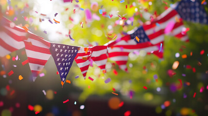 Colorful celebration with festive flags and confetti in a sunlit park during a national holiday gathering