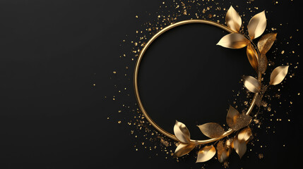 Wall Mural - Golden round frame adorned with leaves or splashes of gold, isolated on a black background. Includes space for text, designed as clipart. 3D render.