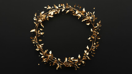 Wall Mural - Golden round frame adorned with leaves or splashes of gold, isolated on a black background. Includes space for text, designed as clipart. 3D render.