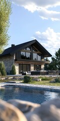 Poster - Modern Stone House with Pool and Large Windows