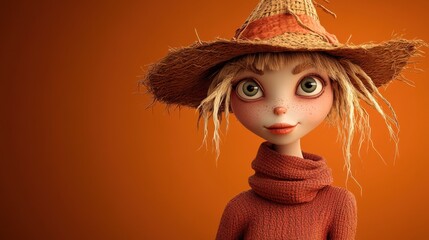 Wall Mural - 3D character close up portrait of a white woman dressed as a scarecrow, tilting her head awkwardly, on a dark orange gradient backdrop, copy space, cute cartoon style, in the style of 3D design