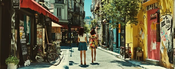 Two women walk down a narrow, colorful street lined with shops.