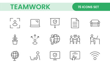 Teamwork linear icons collection. Set of coworking space icons. Business teamwork, team building, work group, and human resources minimal thin line web icon set.