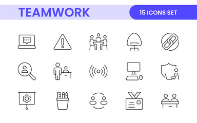 Teamwork linear icons collection. Set of coworking space icons. Business teamwork, team building, work group, and human resources minimal thin line web icon set.