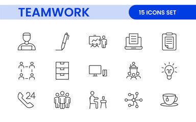 Teamwork linear icons collection. Set of coworking space icons. Business teamwork, team building, work group, and human resources minimal thin line web icon set.