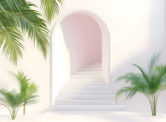 Canvas Print - Minimalist White Archway with Stairs and Palm Trees