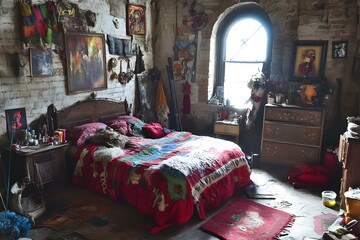 Canvas Print - Vintage Bedroom Decorated with Religious Artwork and Colorful Bedding