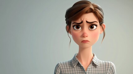 Wall Mural - 3D character close up portrait of a worried Caucasian woman in a casual blouse, with furrowed brows and a frown, with a light gray gradient background, copy space, cartoon style, 3D design