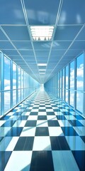 Poster - Checkered Floor in Modern Office Building with Glass Walls