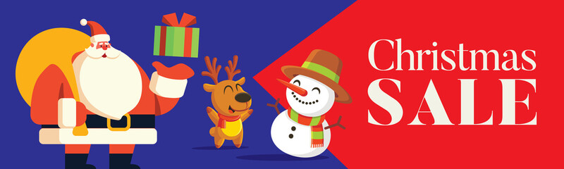 Wall Mural - Christmas Sale banner. Santa Claus with floating gift box on hand celebrating festive with cute snowman and reindeer. Flat vector concept illustration.