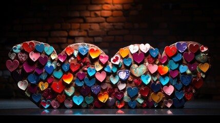 Sticker - Brick wall with painted hearts in graffiti style.  