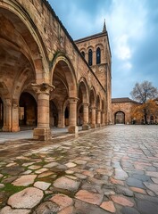 Sticker - Stone Arches and Cobblestone Courtyard of an Ancient Building