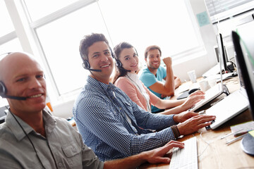 Aufkleber - Business people, portrait and call center with team in telemarketing, customer service or support at office. Group of employees or consultants with smile or headphones in agency for online advice
