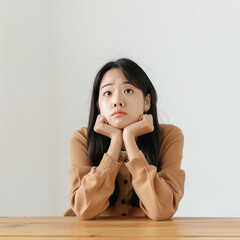 Wall Mural - An Asian woman sitting at a desk rests her chin