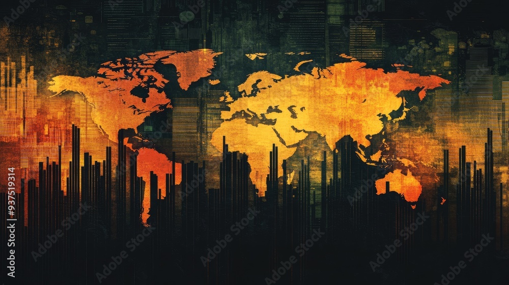 Global financial crisis concept, featuring a world map with multiple ...