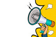 © comicstocks - Hand holds megaphone bullhorn in retro pop art comic style Advertising banner with megaphone. Announcement of news, sales, special offer, sale, Loudspeaker announces