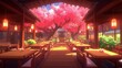 © Woranuch - Tranquil Japanese Garden Patio with Cherry Blossoms and Lanterns.