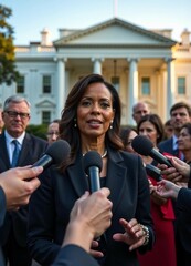 Wall Mural - An African American female senator speaks confidently to the press in front of the White House, bathed in warm afternoon sunlight.	
