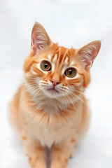 Wall Mural - A cute orange tabby kitten with large green eyes, sitting against a white background. The kitten has a fluffy coat with distinctive stripes and a curious expression.