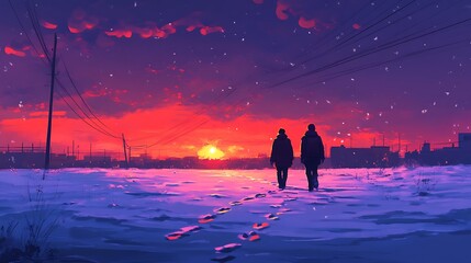 Sticker - Two Silhouettes Walking Away From The Sunset In A Snowy Cityscape.