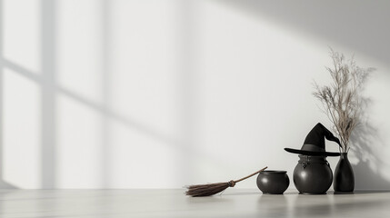 Minimalist Halloween setup with witch hat, broom, cauldron, and vase in a sunlit room