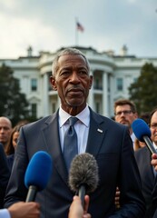 Wall Mural - An African American senator speaks confidently to the press in front of the White House, showcasing authority.	