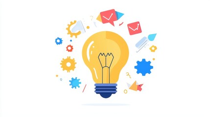 Poster - Lightbulb Idea Concept Illustration with Gears  Checkmarks  and Paper Airplane