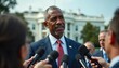 © abu - An African American senator speaks confidently to the press in front of the White House, showcasing authority.