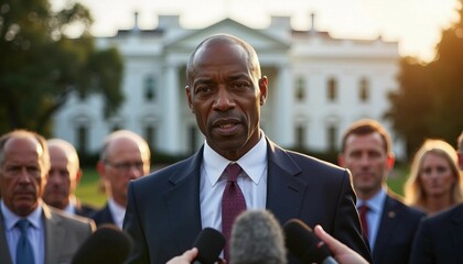 Wall Mural - An African American senator speaks confidently to the press in front of the White House, showcasing authority.	