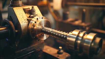 Poster - Close-up of a Metallic Screw and Gears on a Machine