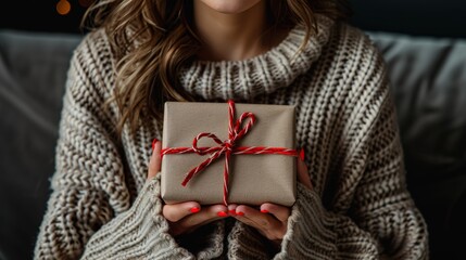 A cozy moment with a woman in a knitted sweater joyfully holding a wrapped gift by the fireplace during the holiday season at home