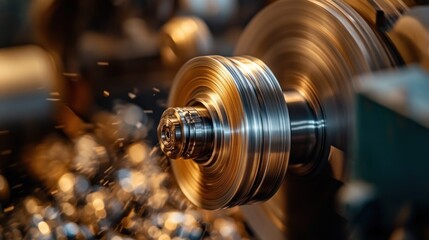 Poster - Close-up of a Rotating Metal Object on a Lathe Machine